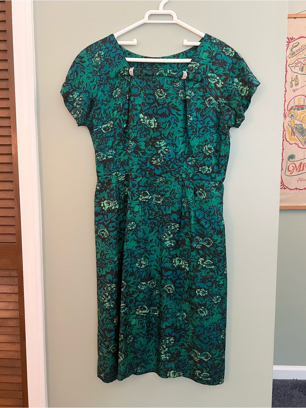 Vintage 1950s Green Blue Teal Black Silk Floral Cocktail Dress